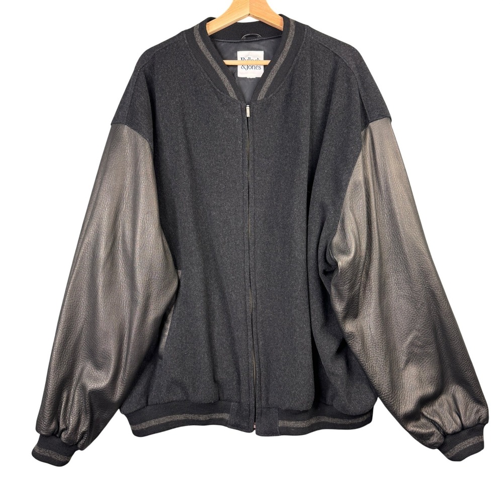Bullock & Jones Mens Wool Cashmere Leather Sleeve Varsity Bomber Jacket Gray USA